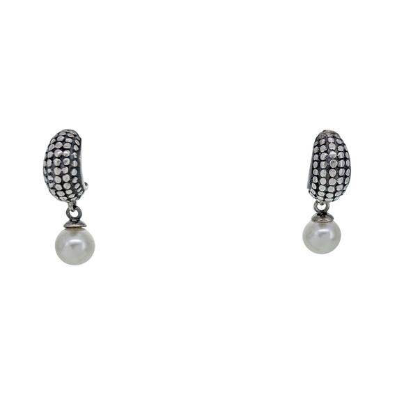 Vintage Sterling Silver 925 Hobnail Detail Imitation Pearl Drop Earrings - Picture 3 of 6